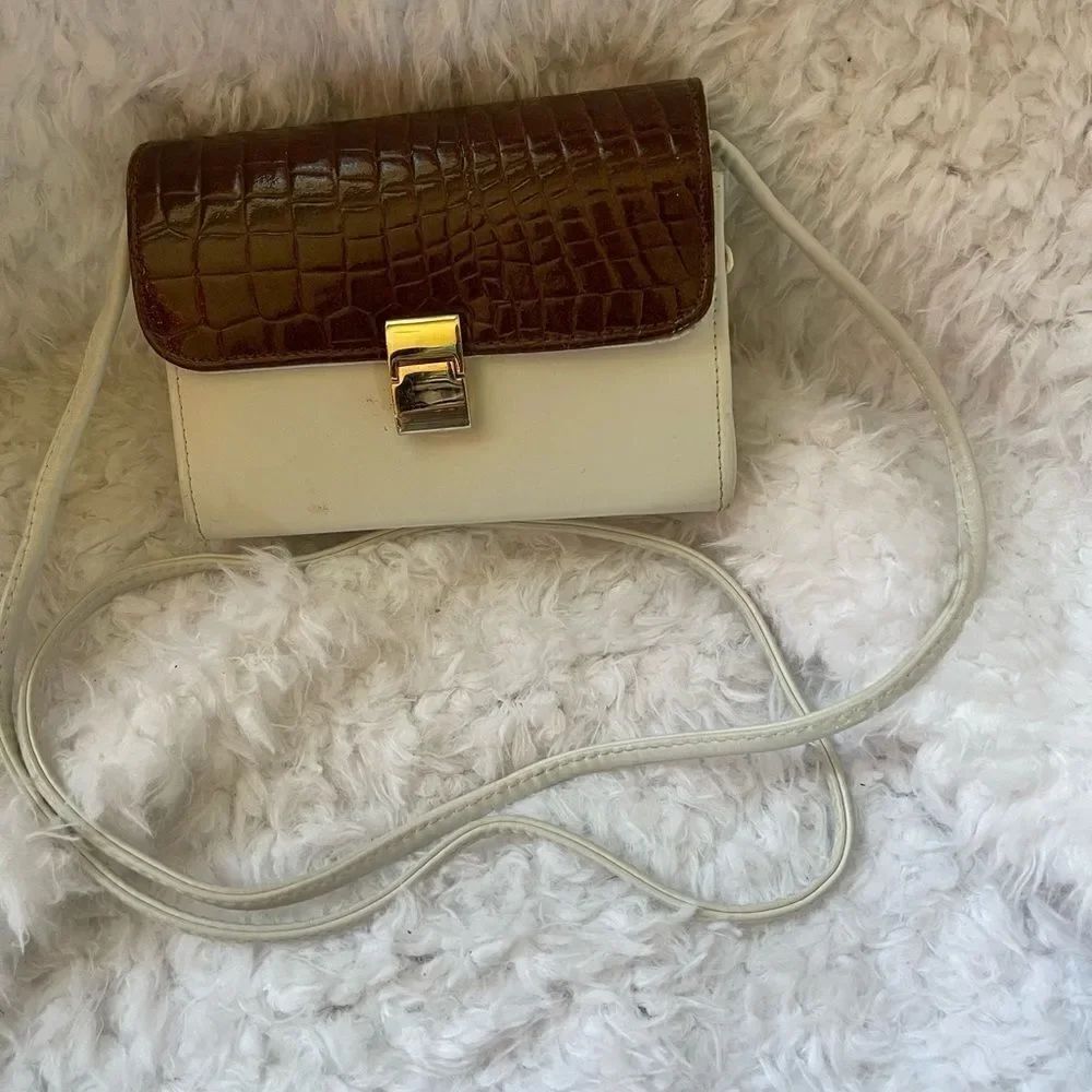 Beige and brown crocs prints crossbody latch closure gold tone 3 compartments .
